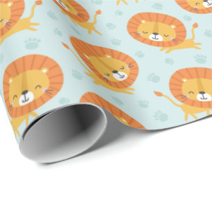 Papier Cadeau Petits Lions mignons avec empreintes sur bleu clai