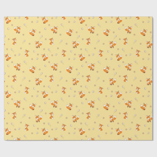 Papier Cadeau Petits renards mignons sur jaune (Plat)