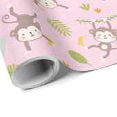 Papier Cadeau Petits singes mignons avec bananes et feuilles ros (Coin rond)