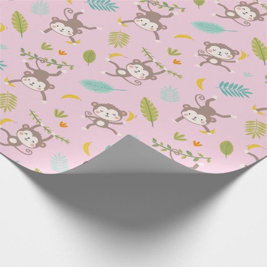 Papier Cadeau Petits singes mignons avec bananes et feuilles ros (Coin)