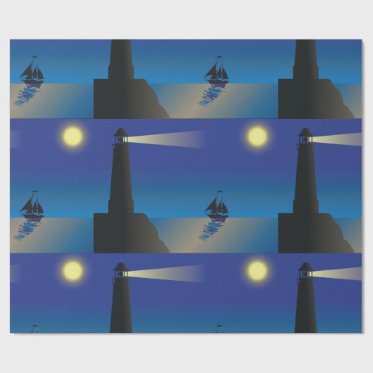 Papier Cadeau Phare et voilier à Night Moonlit Ocean (Plat)