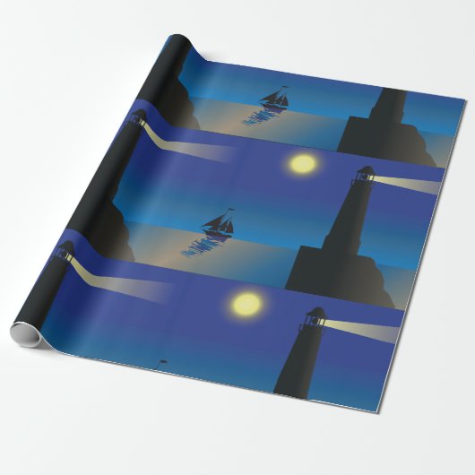 Papier Cadeau Phare et voilier à Night Moonlit Ocean (Déroulé)