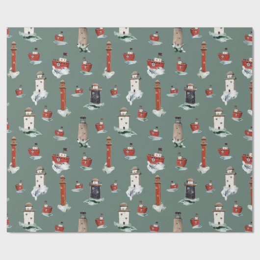 Papier Cadeau Phare Rouges Rustiques Bateaux En Mer Stormy 2 (Plat)