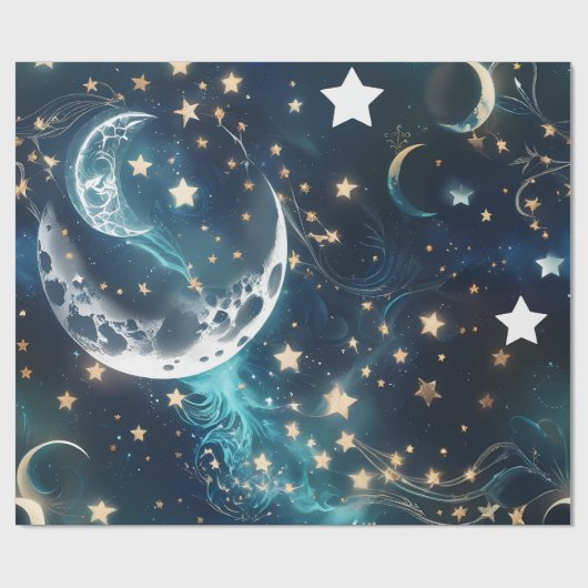 Papier Cadeau – Phases de la Lune Bleu Glacé (Plat)