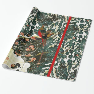Papier Cadeau Pheasants à Snow, Pine Tree, Roses, Japanese Flora