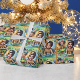 Papier Cadeau Photo Anniversaire Fée Noire mignonne Vert Jaune O