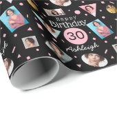 Papier Cadeau Photo Black Pink Confetti Nom 30e anniversaire (Coin rond)