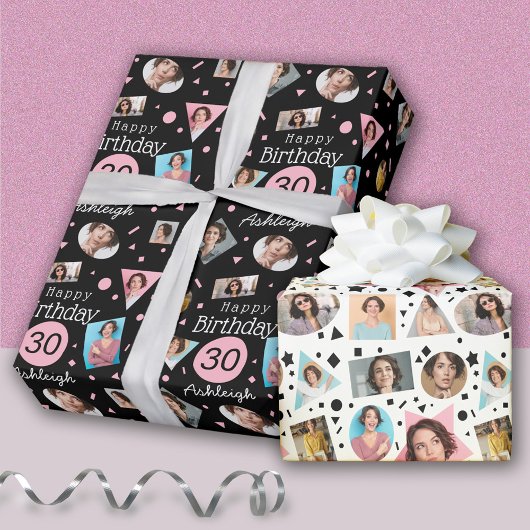 Papier Cadeau Photo Black Pink Confetti Nom 30e anniversaire