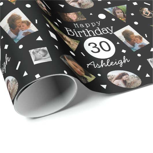 Papier Cadeau Photo Black White Confetti Nom 30e anniversaire (Coin rond)