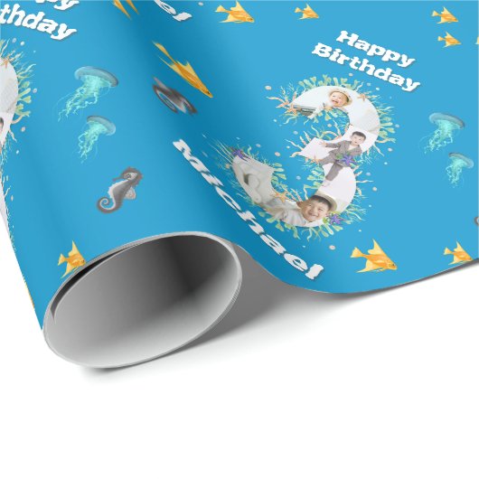 Papier Cadeau Photo Collage Big 3e anniversaire sous la mer (Coin rond)
