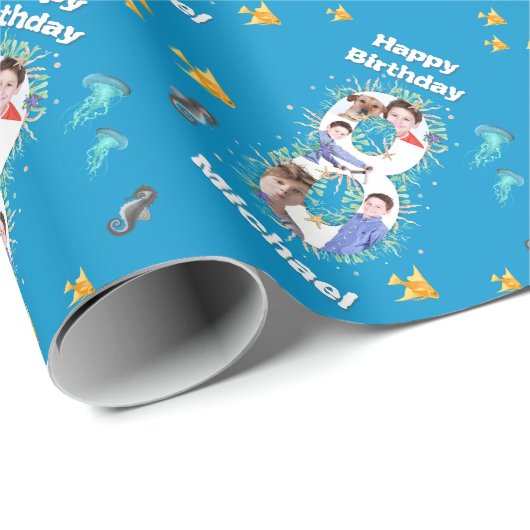 Papier Cadeau Photo Collage Big 8th Birthday Under the Sea (Coin rond)