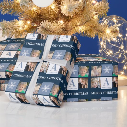 Papier Cadeau Photo Collage Flocon de neige Monogramme bleu fonc (Vacances)