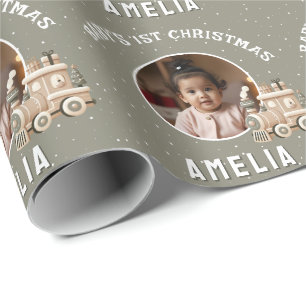 Papier Cadeau Photo de bébé neutre Train de Noël 1ère année