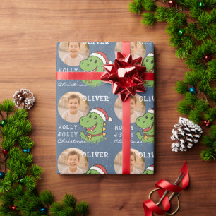 Papier Cadeau Photo de dinosaure de Noël mignon pour enfants