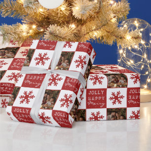 Papier Cadeau Photo de famille flocon de neige rouge joyeux heur