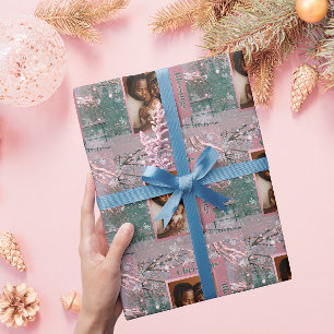 Papier Cadeau Photo de famille Noël d'hiver rose