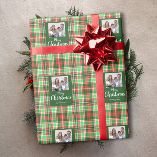 Papier Cadeau Photo de famille plaid rouge vert Joyeux Noël