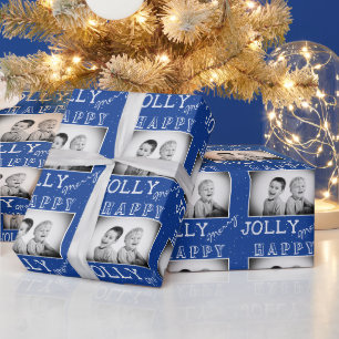 Papier Cadeau Photo de Noël avec typographie festive bleu blanc