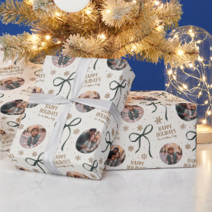 Papier Cadeau Photo de Noël de famille au ruban vert
