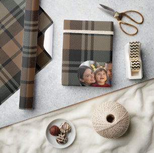 Papier Cadeau Photo de Noël rustique marron et noir à carreaux