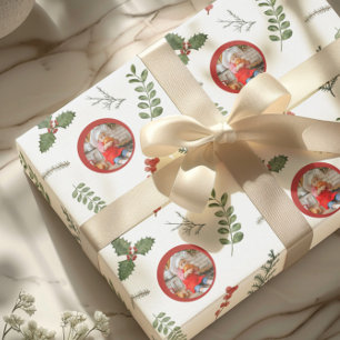 Papier Cadeau Photo de vacances de Noël avec feuillage à l'aquar