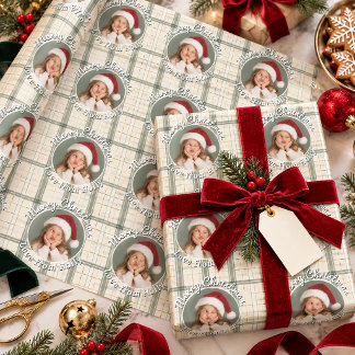 Papier Cadeau Photo de visage amusant Joyeux Noël Tartan ivoire