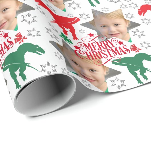 Papier Cadeau Photo Joyeux Noël personnalisée T-Rex (Coin rond)