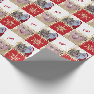 Papier Cadeau Photo personnalisée Gold & Red Christmas Snowflake