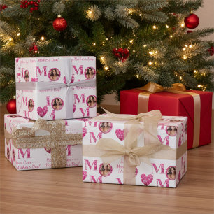 Papier Cadeau Photo personnalisée Rose Floral Lettres Coeur Mama