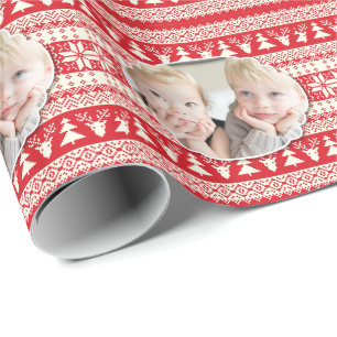 Papier Cadeau Photo personnalisée, Rouge et Blanc, Noël