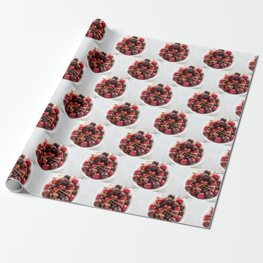 Papier Cadeau Photographie de cerises rouges fraîches dans un bo (Déroulé)