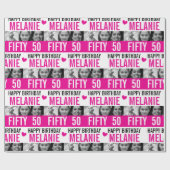 Papier Cadeau Photos de 50e anniversaire rose noir blanc rayé (Plat)