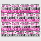 Papier Cadeau Photos de 70e anniversaire rose noir blanc rayé (Plat)