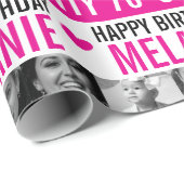 Papier Cadeau Photos de 70e anniversaire rose noir blanc rayé (Coin rond)