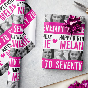 Papier Cadeau Photos de 70e anniversaire rose noir blanc rayé