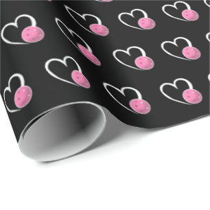 Papier Cadeau Pickleball Saint-Valentin Cœurs Blancs Pickleballs