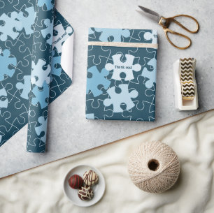 Papier Cadeau Pièces de puzzle amusantes en bleu Merci personnal