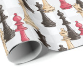 Papier Cadeau Pièces d'échecs Moderne Noir Rouge et Blanc (Coin rond)