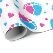 Papier Cadeau Pieds bébé et Coeurs en bleu et rose (Coin rond)