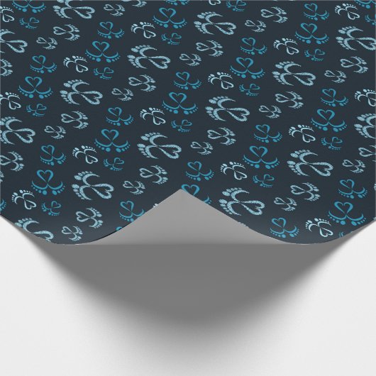 Papier Cadeau Pieds bébé et Coeurs en parties scintillant bleue (Coin)