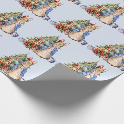 Papier Cadeau Pierre le lapin avec Elf et sapin de Noël (Coin)