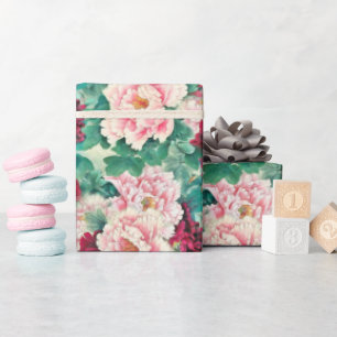 Papier Cadeau Pies roses rouges et Motif Feuille vert