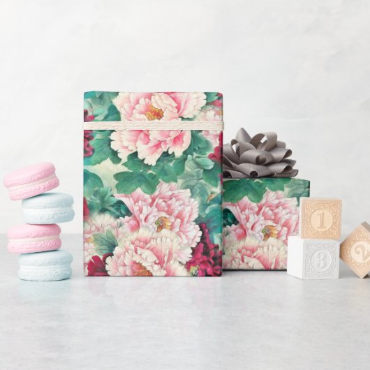 Papier Cadeau Pies roses rouges et Motif Feuille vert (Baby Shower)