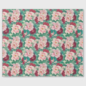 Papier Cadeau Pies roses rouges et Motif Feuille vert (Plat)