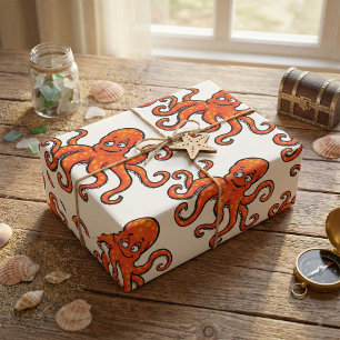 Papier Cadeau Pieuvre orange dessin animé océan créature marine