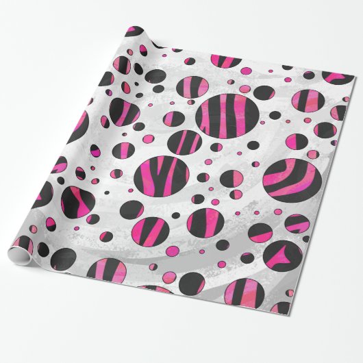 Papier Cadeau Piloka Dot Zebra noir et rose chaud (Déroulé)