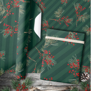 Papier Cadeau Pinceau blanc Ilex Berries Emerald Green