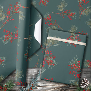 Papier Cadeau Pinceau blanc Rouge Ilex Berries Ardoise verte