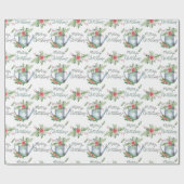 Papier Cadeau Pinceau bleu pastel écriture Joyeux Noël Floral (Plat)