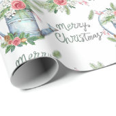 Papier Cadeau Pinceau bleu pastel écriture Joyeux Noël Floral (Coin rond)